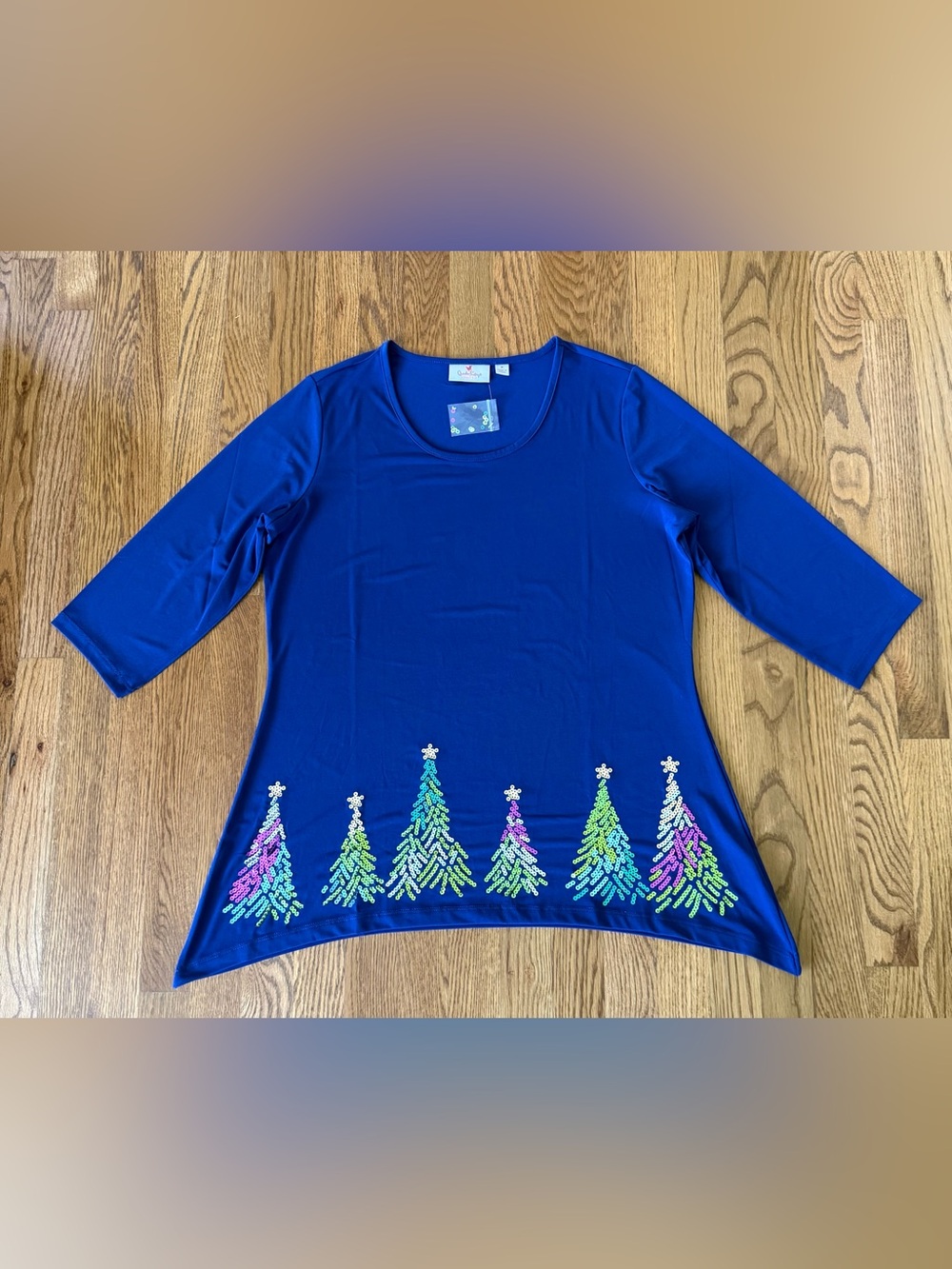 Quacker Factory Royal Blue Long Sleeve Tunic with Multicolor Sequin Trees